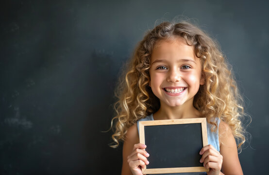 Happy young girl with curly blonde hair holds small blackboard. Smiling child stands against dark wall background. Kid presents blank slate for writing notes, learning.