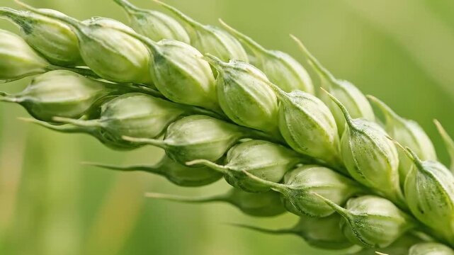 Green Wheat Ear Macro Shot with Detailed Grains and Soft Lighting on a Sunny Day in the Countryside with Minimalist Green Background Close Up View and Shallow Depth of Field