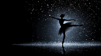 Naklejka premium Graceful ballerina silhouette, elegantly posed, illuminated by glittering stars