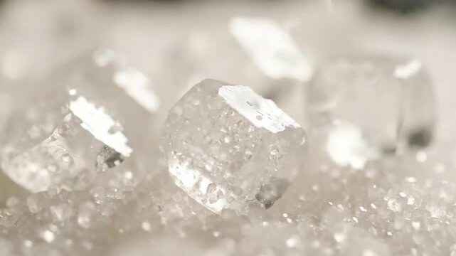 Macro Shot of Crystalline Sugar Cubes on Fine Granules Pile in Bright White Ambience Food Theme Refined Sweetener Ingredient for Recipes Desserts and Advertisement in Food Industry Detailed Close-up