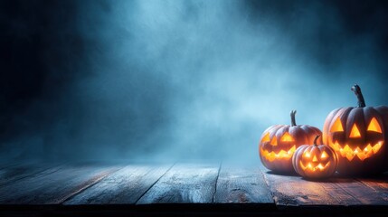 Group of Three Jack o lanterns Illuminated on Wooden Surface with Blue Smoke Background