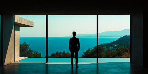 A man in a business suit stands with his back to the sea from the terrace of a modern home. It's a summer day, the sky is clear, and the shot is horizontal.