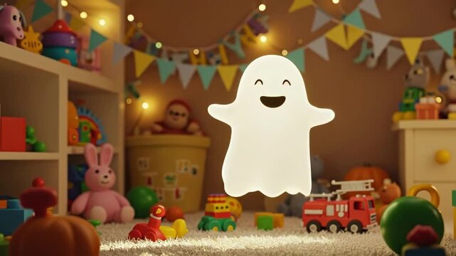 Cute white ghost hovering in a toy-filled child room. Halloween holiday concept for kids party and children's entertainment. Animated character.