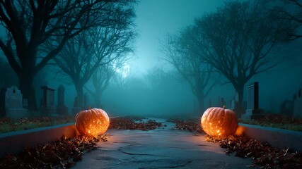 Two illuminated pumpkins glowing on a leaf-covered pathway in a misty graveyard surrounded by bare trees under moonlight, creating a haunting Halloween atmosphere.
 - Powered by Adobe