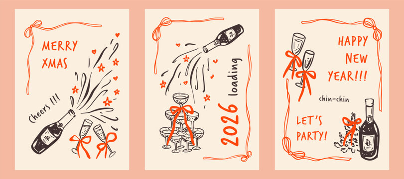 Set of Merry Christmas and Happy New Year quirky trendy greeting cards, vertical rectangle posters, pink and red whimsical bow ribbon frames. Charcoal, crayon champagne bottle, tower, glass drawing