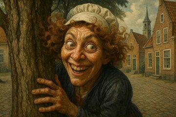 Woman behind tree in a village