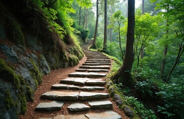 Stone stairs rise through a rich green forest path. Light filters through trees, illuminating the natural stone steps. Tranquil hike trail offers escape into nature with woodland scenery.