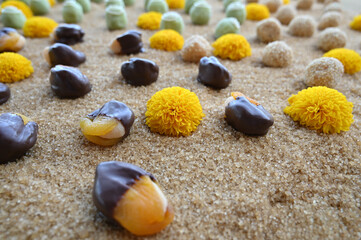 gourmet apricot and white chocolate brigadeiro on demerara sugar, brazilian fine confectionery close-up on brown sugar sand, wedding desserts: brigadeiro and chocolate bonbons

