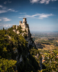 Medieval Tower in San Marino with Scenic Background. View from the top of the mountain. San Marino UNESCO World Heritage Site