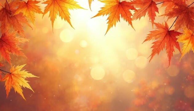 Autumn backdrop displays vivid orange red maple foliage. Fall leaves frame scenic light bokeh. Warm seasonal graphic resource suits Thanksgiving, Halloween, nature eco flyers posters cards.