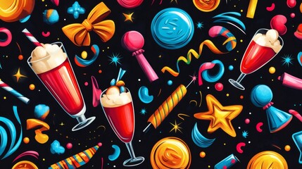Festive celebration seamless pattern with various elements on dark background. It exudes a celebratory and joyful mood