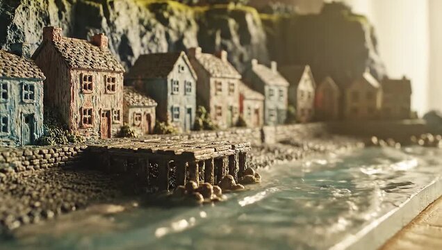 Miniature coastal village scene with charming houses, a pier, and the sea, showcasing intricate details and warm sunlight, a top contributor creation.