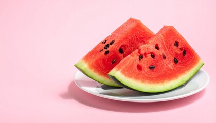Round watermelon slice cut into six equal segments on white plate over pink surface, vibrant and symmetrical.