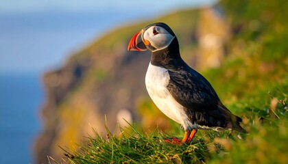 A pufflin perches elegantly on a grassy cliff overlooking the ocean, showcasing its vibrant black and white plumage and striking red beak.