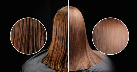 Female healthy care hair transformation, keratin treatment before and after on brown hair
