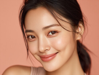 Naklejka premium Close-up Portrait of a Young Asian Woman with Radiant Glass Skin, Minimal Makeup, and a Soft Smile on a Peach Pastel Background