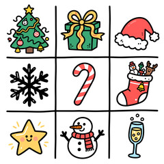 Fototapeta premium Christmas themed icons including tree, gift, and snowman 