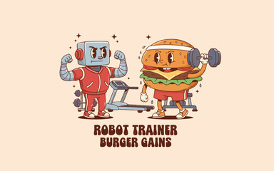 Fototapeta premium Cartoon robot trainer and burger lifting weights in gym setting 