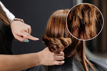 Damaged texture brown hair female after UV damage from sun ultraviolet radiation