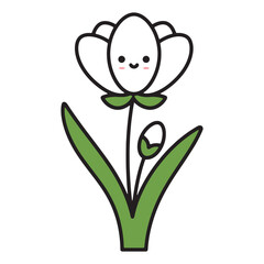Adorable cartoon illustration of a happy white flower with a green stem and leaves, perfect for children's themes and nature-inspired designs