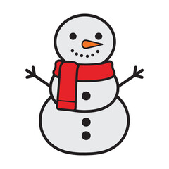 Simple cartoon illustration of a smiling snowman wearing a red scarf and a carrot nose, perfect for holiday decorations and winter themes