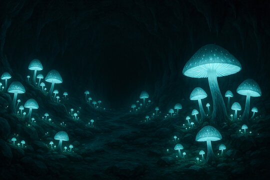 Enchanting glowing mushrooms illuminate a dark cave, creating a magical, surreal landscape perfect for fantasy art, book covers, or imaginative designs - Powered by Adobe