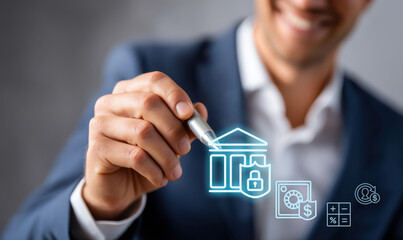 Banking specialist presenting secure money management icons with financial institution symbol for advertising of online banking services, fintech platforms and customer trust programs