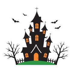 Spooky Black Haunted House with Bats and Bare Trees, Perfect for Halloween Decorations and Party Invitations