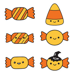 Cute Kawaii Halloween Candy Illustrations Featuring Wrapped Candies and Candy Corn with Happy Faces