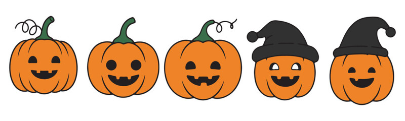 Five Cute Halloween Pumpkins With Happy Faces And Festive Hats, Perfect For Spooky Season Decorations