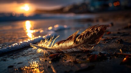 Golden feather resting on wet beach sand at sunset with glowing reflections — perfect for inspirational graphics, nature blogs