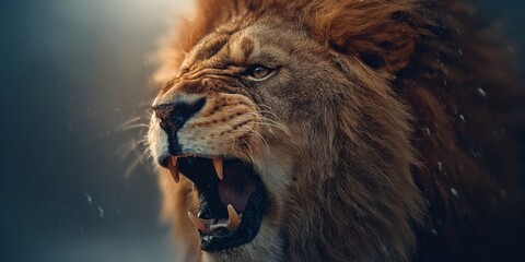 An angry lion with an open mouth. expression of anger. 