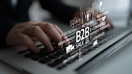A business professional uses a laptop to explore B2B e-commerce strategies in a contemporary...
