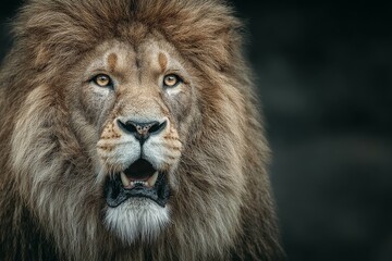 Fototapeta premium Powerful lion roaring in a cloud of dust, symbolizing strength, dominance, and wild energy. Dramatic wildlife image perfect for strength, nature, and freedom concepts.