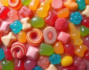 Colorful candy assortment background. Various shapes of sweets in assorted colors. Top view of assorted delicious candies. Fun and tasty dessert food.
