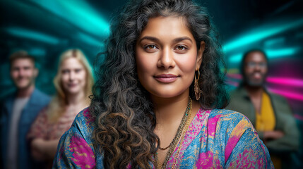 Fototapeta premium A focused young Indian female leader, plus-size, with her diverse team, facing the camera against vibrant teal and pink motion blur streaks, diversity, inclusivity, plus-size model