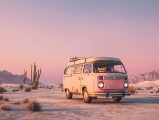 Retro Camper Van on Desert Highway at Sunset