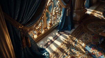 Fototapeta premium Luxurious interior, sunlight streams through curtains, ornate carpet and balcony in view, for design