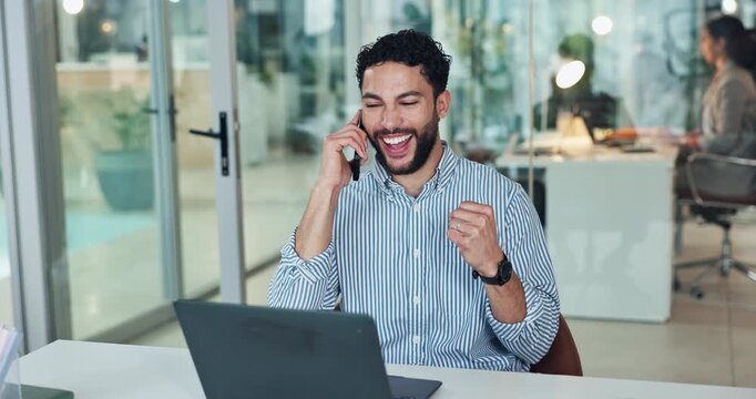 Businessman, phone call or excited at laptop for good news, trading success or promotion. Contact, trader or fist pump in office for bonus notification, company incentive win or market value increase