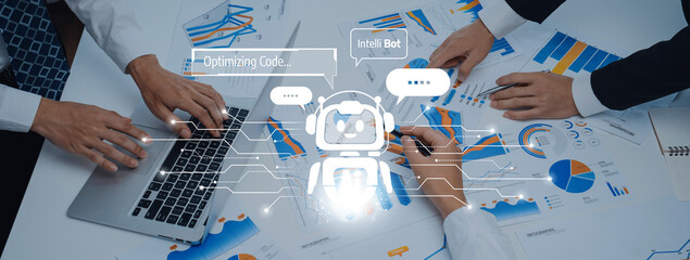 Hands of professionals work over financial charts on table, featuring a laptop and AI assistant,...