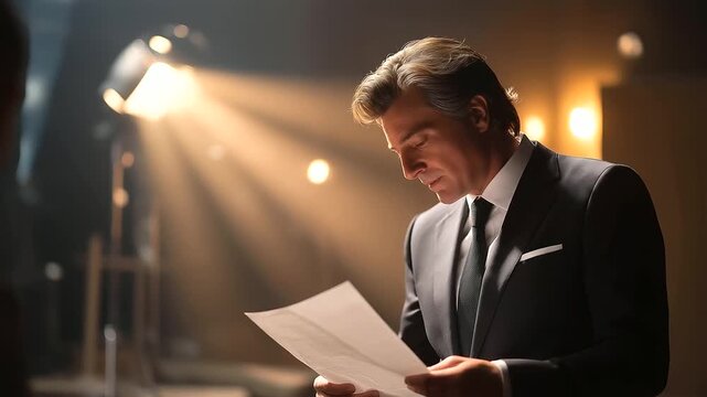 An actor performs a dramatic scene in a casting studio, with a spotlight beaming, a script crumpled, a director nodding, and a camera zooming, presented in a intense photo with light rays, paper cre
