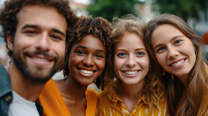 Fototapeta premium A united group of diverse young friends, including plus-size individuals, having fun together outdoors, diversity, inclusivity, interracial couples, plus-size models, friendship li
