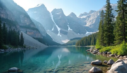 Turquoise lake reflects snow-capped rocky mountains and dense evergreen forest. Clear shallow water shows pebbles on lakebed. Bright sunny day in wilderness.