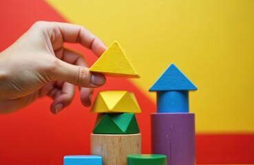 Hand stacks colorful wooden blocks. Creative play shapes build fine motor skills development for young children. Learning through play, fun educational activity.