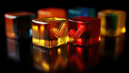 Six translucent, colorful cubes with checkmarks, reflected on a black surface
