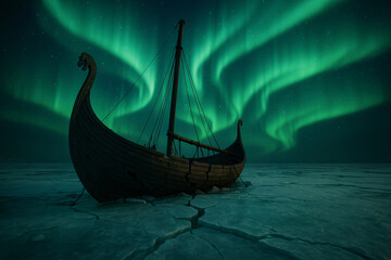 Epic Viking longship under the magical aurora borealis on frozen waters, perfect for fantasy book covers or dramatic historical projects, a stunning Nordic scene