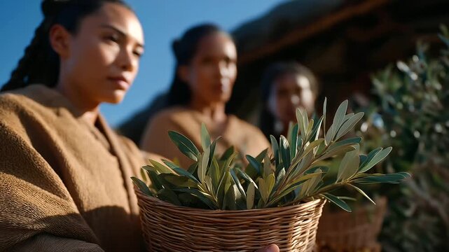 Village pathway scene with New Zealand Maori vendors offering feijoa and native leaves, indigenous sustainable foraging, wild organic market pick, cultural land stewardship. three-quarter wide angle