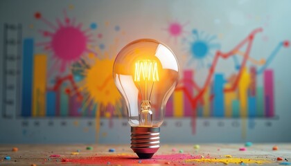 Light bulb shines brightly against charts background. Idea concept symbolizes innovation for marketing and business strategy. Creative visualization about data analysis success future plans