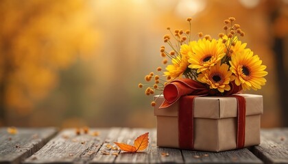 Gift box with yellow flowers on wood table. Autumn gift, present with floral bouquet. Seasonal holiday or birthday celebration design. Fall background and warm colours