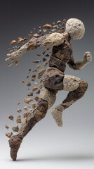 Fototapeta premium Abstract sculpture of a running athlete composed of textured stone fragments. Dynamic motion effect with pieces flying off
